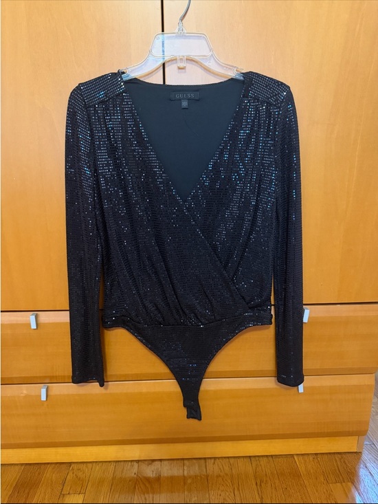 Guess Tops - GUESS Black Sequin Wrap-Front Long Sleeve Bodysuit